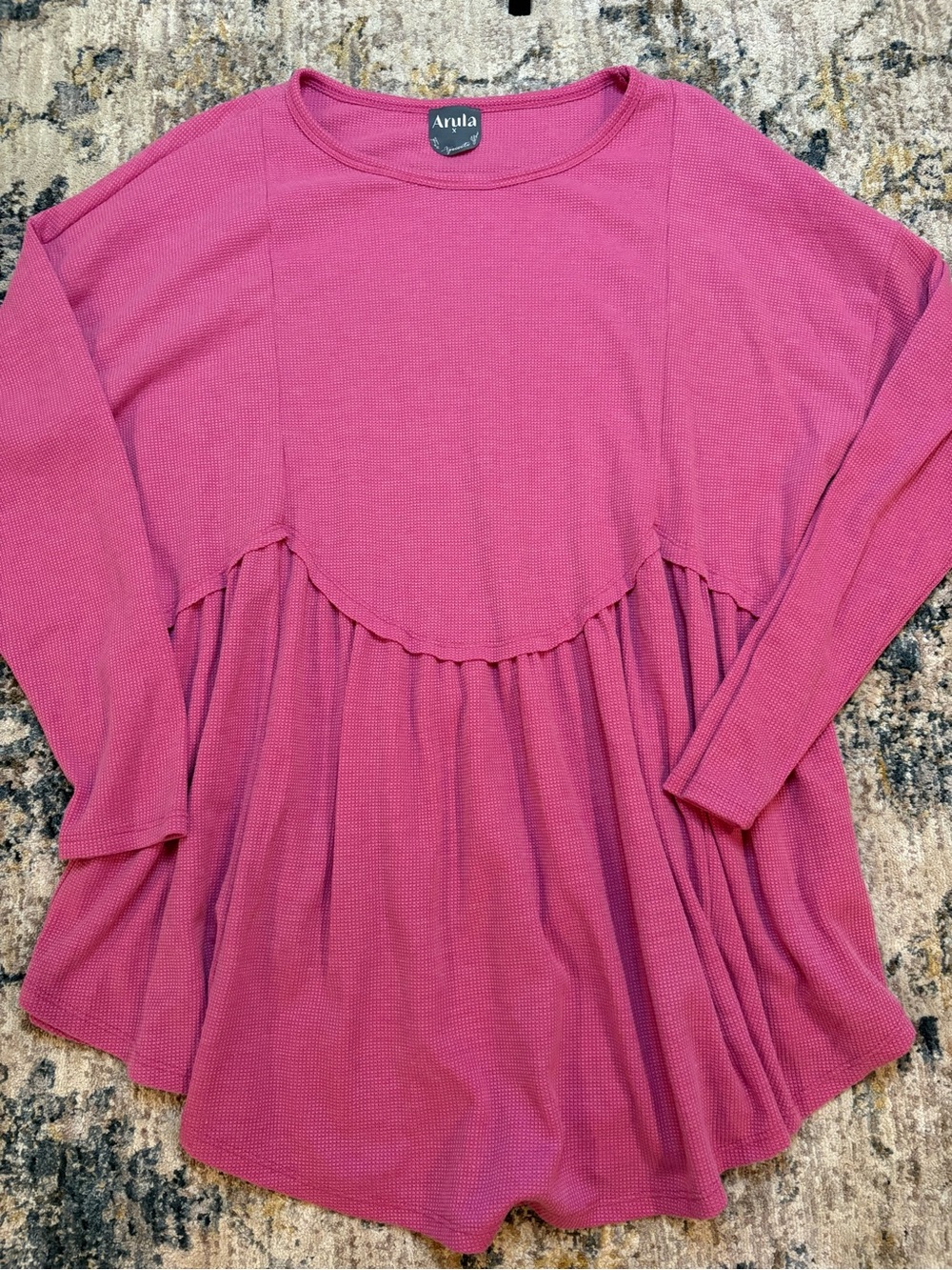 Arula Top X Sz XL Scoop Neck Peplum Stretch Waffle Knit Peasant Pink Soft